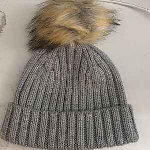 J. Crew Gray Knit Beanie with Faux Fur Pom-Pom